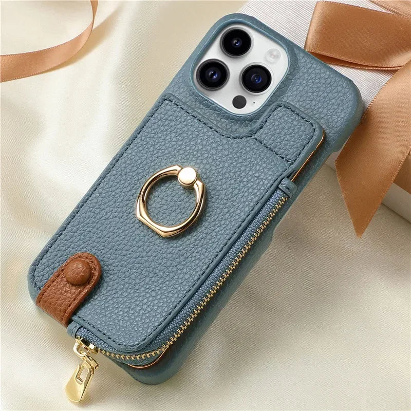 Leather Zipper Wallet with Card Holder Phone Case for IPhone 17 Air 16E 16 15 14 13 12 11 Pro Max XS Plus Ring Kickstand Cover