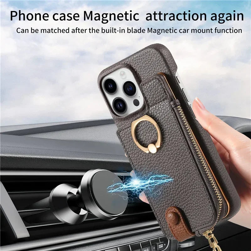 Leather Zipper Wallet with Card Holder Phone Case for IPhone 17 Air 16E 16 15 14 13 12 11 Pro Max XS Plus Ring Kickstand Cover
