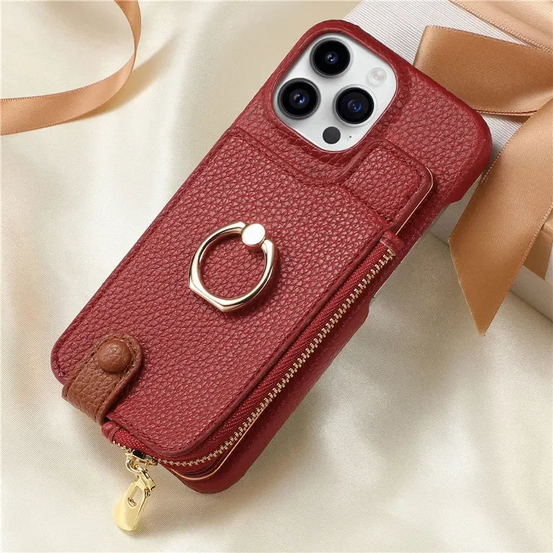 Leather Zipper Wallet with Card Holder Phone Case for IPhone 17 Air 16E 16 15 14 13 12 11 Pro Max XS Plus Ring Kickstand Cover