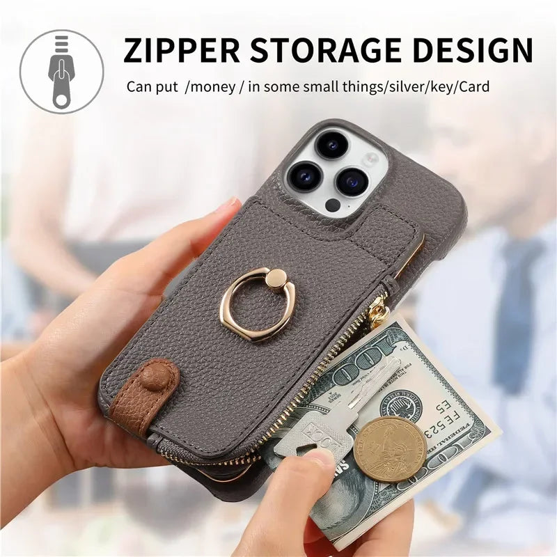 Leather Zipper Wallet with Card Holder Phone Case for IPhone 17 Air 16E 16 15 14 13 12 11 Pro Max XS Plus Ring Kickstand Cover
