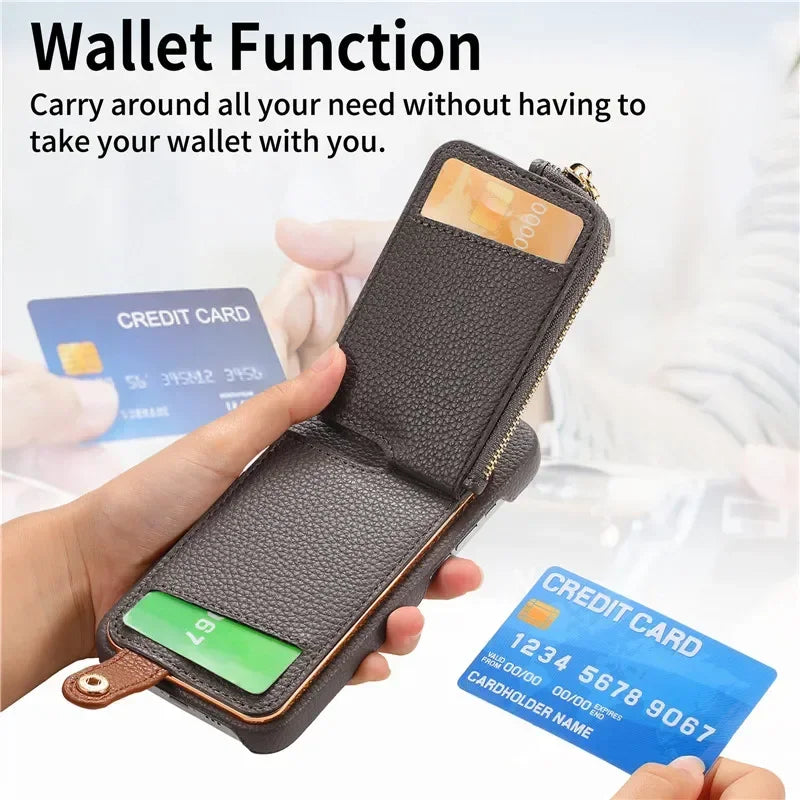 Leather Zipper Wallet with Card Holder Phone Case for IPhone 17 Air 16E 16 15 14 13 12 11 Pro Max XS Plus Ring Kickstand Cover
