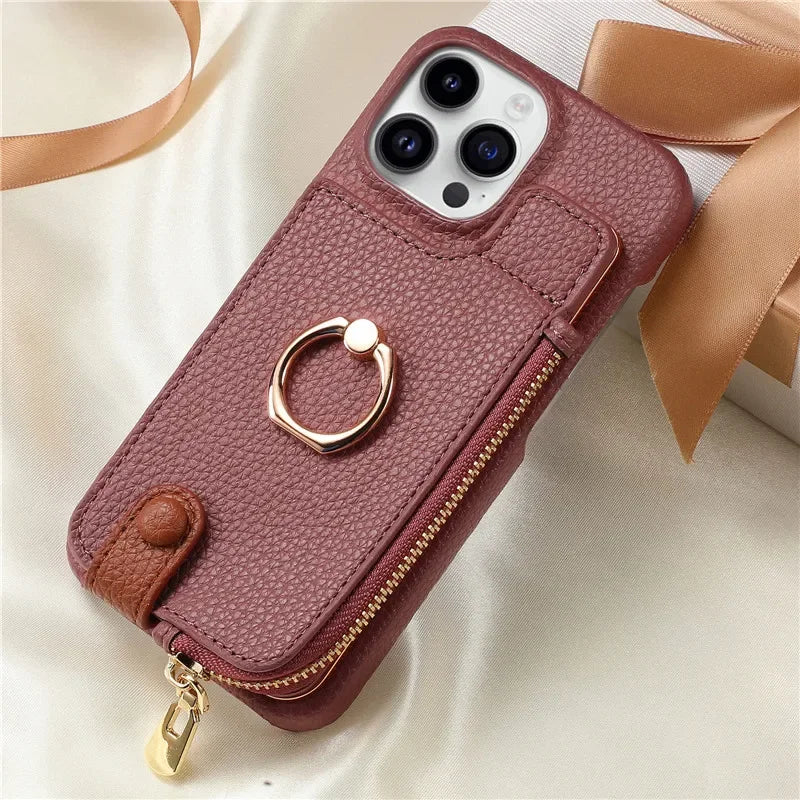 Leather Zipper Wallet with Card Holder Phone Case for IPhone 17 Air 16E 16 15 14 13 12 11 Pro Max XS Plus Ring Kickstand Cover