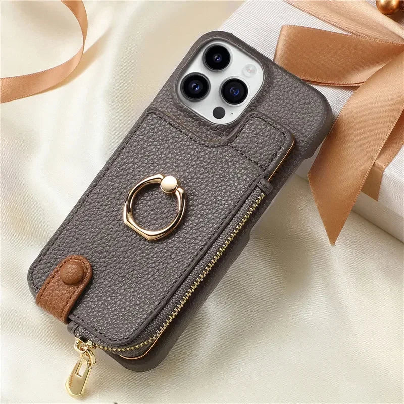 Leather Zipper Wallet with Card Holder Phone Case for IPhone 17 Air 16E 16 15 14 13 12 11 Pro Max XS Plus Ring Kickstand Cover