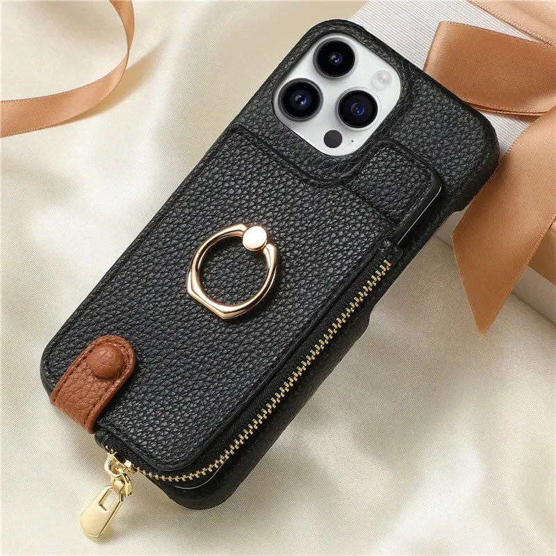 Leather Zipper Wallet with Card Holder Phone Case for IPhone 17 Air 16E 16 15 14 13 12 11 Pro Max XS Plus Ring Kickstand Cover