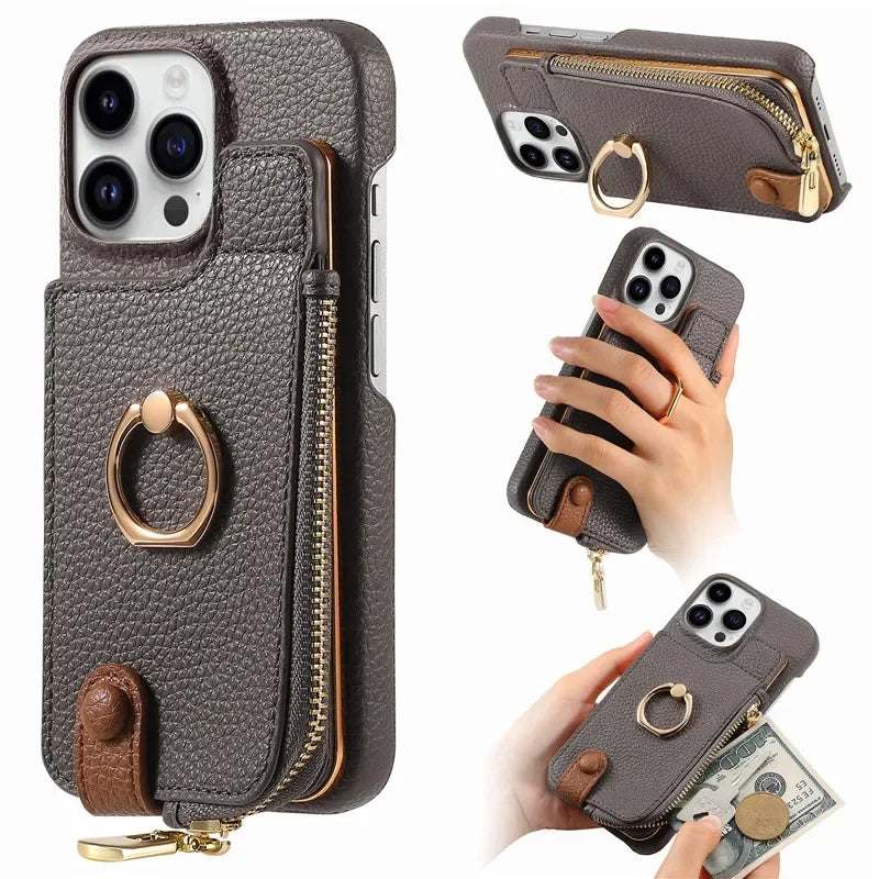 Leather Zipper Wallet with Card Holder Phone Case for IPhone 17 Air 16E 16 15 14 13 12 11 Pro Max XS Plus Ring Kickstand Cover