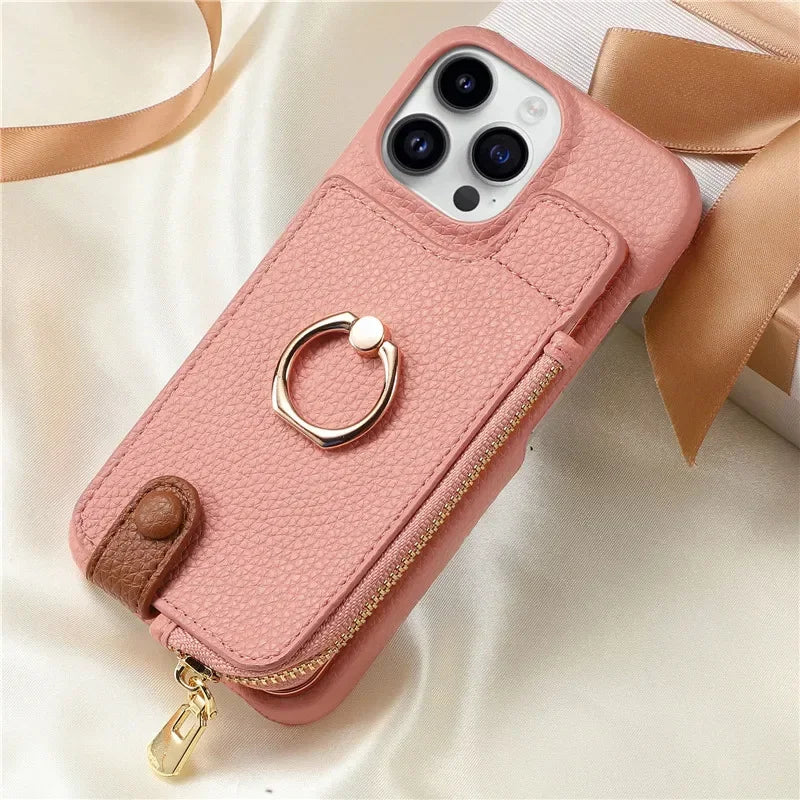 Leather Zipper Wallet with Card Holder Phone Case for IPhone 17 Air 16E 16 15 14 13 12 11 Pro Max XS Plus Ring Kickstand Cover