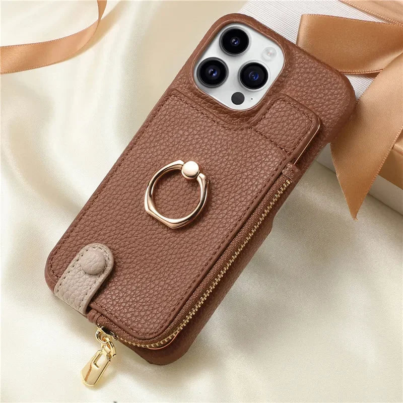 Leather Zipper Wallet with Card Holder Phone Case for IPhone 17 Air 16E 16 15 14 13 12 11 Pro Max XS Plus Ring Kickstand Cover